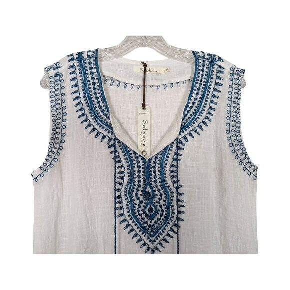 Solitaire by Ravi Khosla sleeveless blue white Summer bohemian embroidered Tunic - Picture 4 of 15